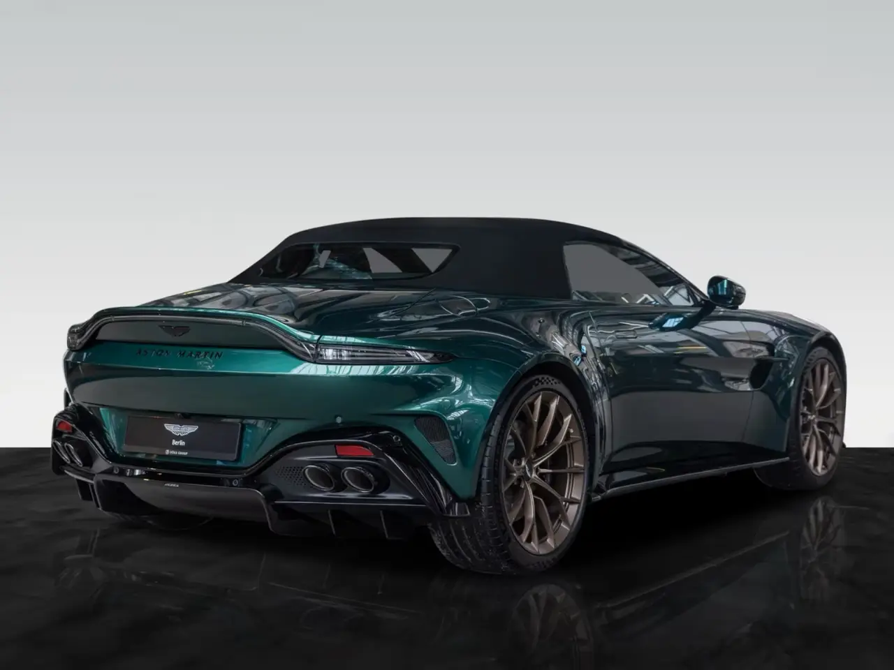 Aston Martin Vantage V8 Spider 2026, rear view — Florence Luxury Car Rental, Florence. Fiesole sunset climb, top down, engine singing