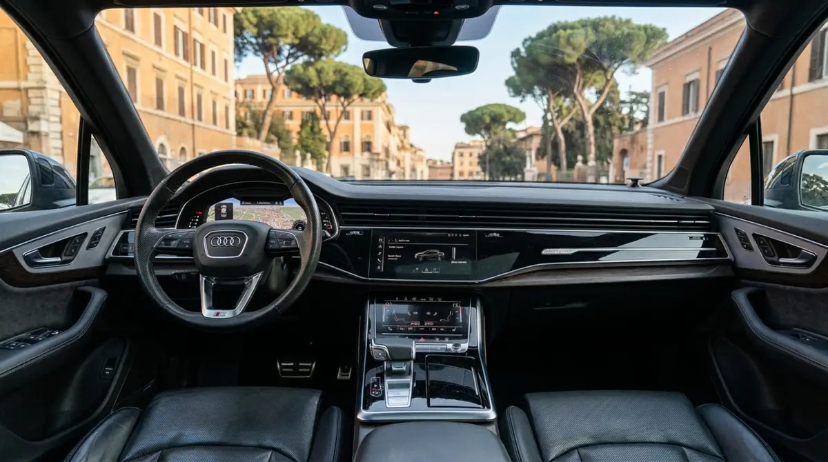 Audi SQ7 7seater 2023, rear view — Florence Luxury Car Rental, Florence. Audi SQ7 7seater in Florence Renting the 2023 Audi SQ7 7seater in Florence provides an…