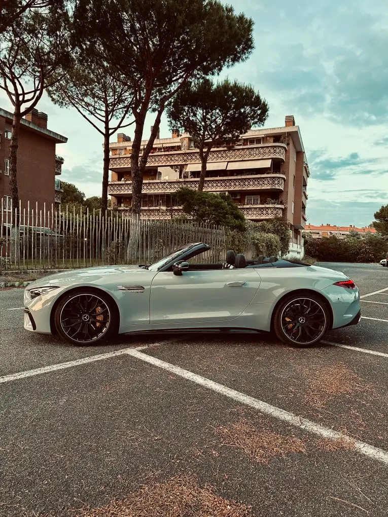 Mercedes Benz SL63 Cabrio 2023, exterior — Florence Luxury Car Rental, Florence. Fiesole sunset climbs, top down, engine warm