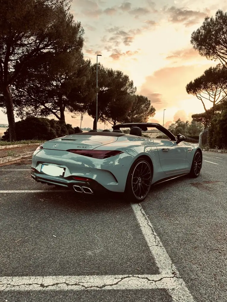 Mercedes Benz SL63 Cabrio 2023, rear view — Florence Luxury Car Rental, Florence. Fiesole sunset climbs, top down, engine warm