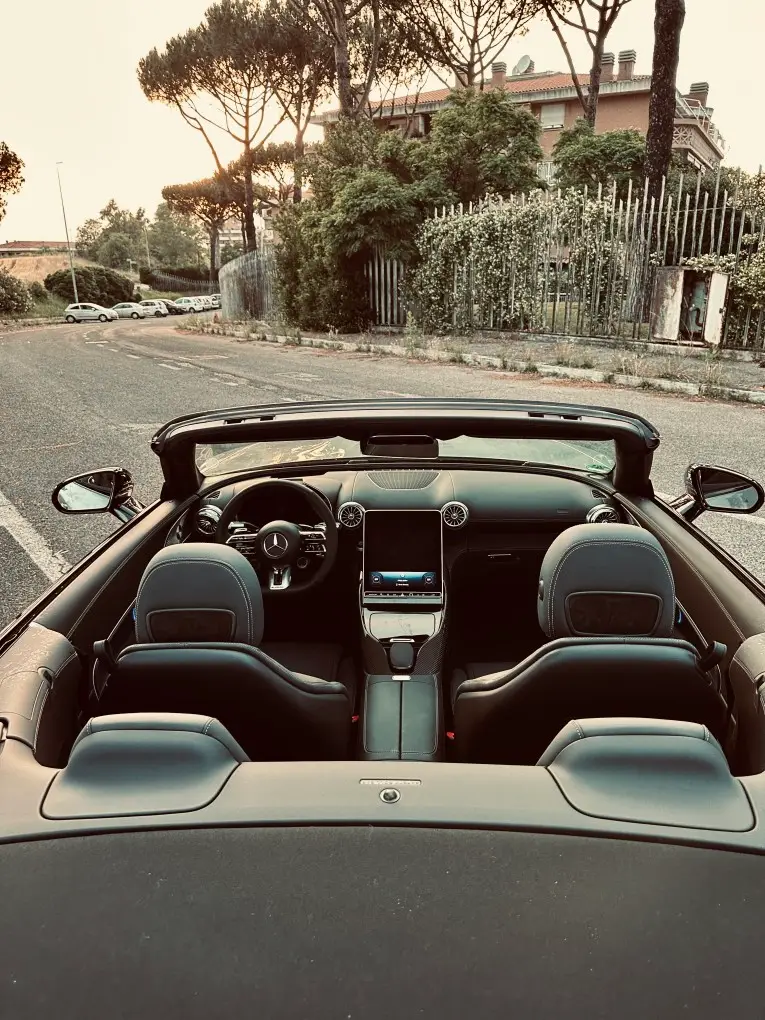 Mercedes Benz SL63 Cabrio 2023, interior — Florence Luxury Car Rental, Florence. Fiesole sunset climbs, top down, engine warm
