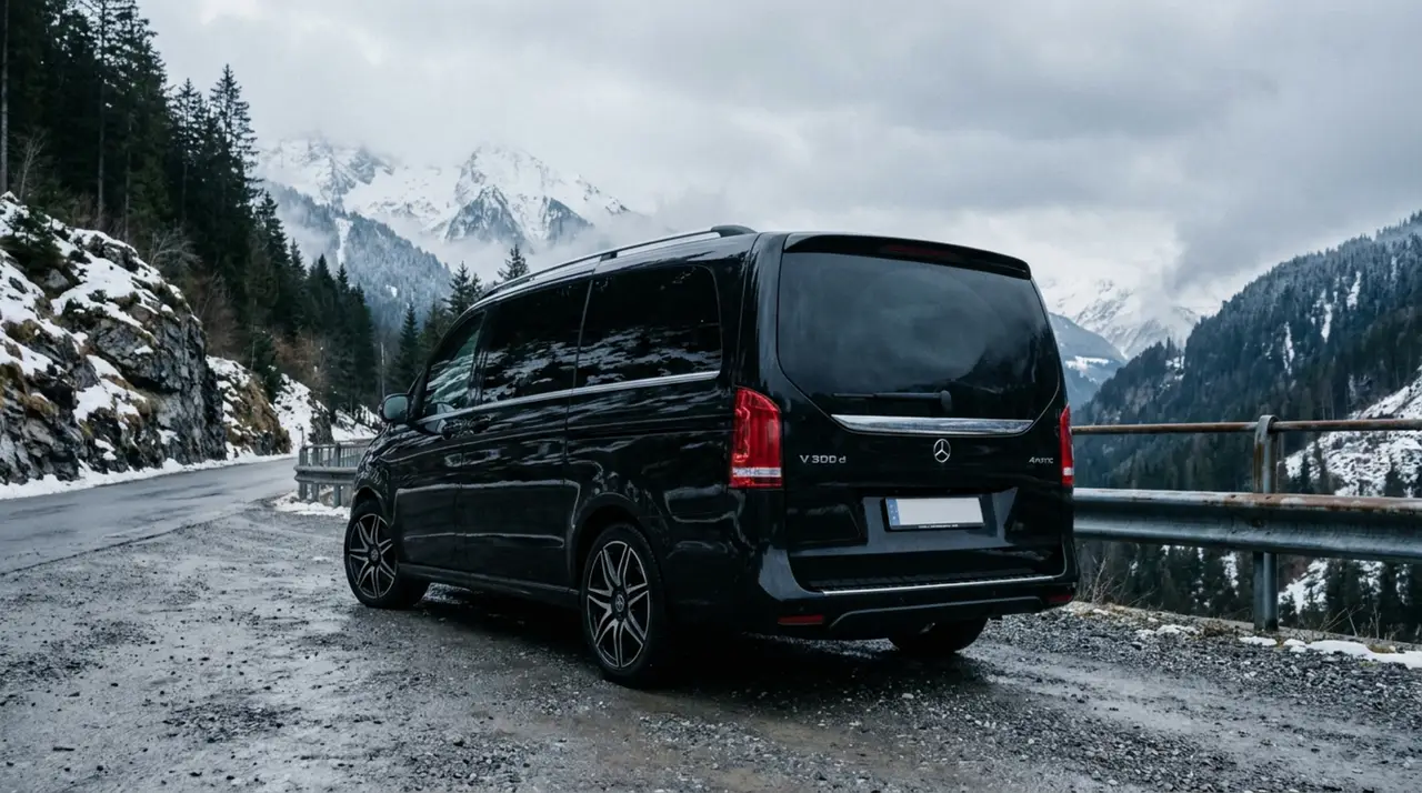 Mercedes Benz V300 8 seats 2025, front view — Florence Luxury Car Rental, Florence. Mercedes Benz V300 8 seats in Florence Renting the 2025 Mercedes Benz V300 8 seats in…