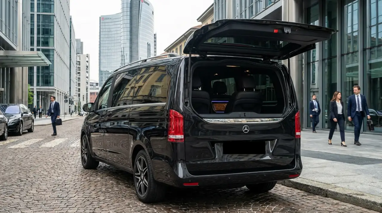 Mercedes V Class 2026, rear view — Florence Luxury Car Rental, Florence. Mercedes Benz V Class in Florence Renting the 2026 Mercedes Benz V Class in Florence…